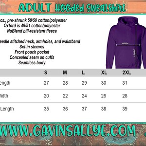 May include: A size chart for an adult hooded sweatshirt. The chart shows measurements in inches for body length, body width, and sleeve length for sizes S, M, L, XL, 2XL, and 3XL. The sweatshirt is made of 50/50 cotton/polyester and features a pill-resistant fleece.
