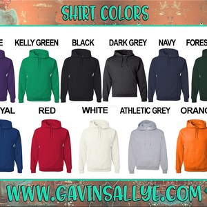 Peut inclure: Un tableau pr&eacute;sentant 10 couleurs de sweat-shirts &agrave; capuche. Les couleurs sont&nbsp;: violet, vert Kelly, noir, gris fonc&eacute;, marine, vert for&ecirc;t, bleu royal, rouge, blanc, gris chin&eacute; et orange. Le texte "SHIRT COLORS" est en haut du tableau. Le texte "WWW.GAVINSALLYE.COM" est en bas du tableau.