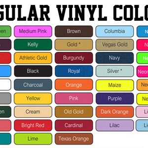 Może przedstawiać: Obraz przedstawiający paletę kolor&oacute;w zatytułowaną "REGULAR VINYL COLORS". Paleta zawiera r&oacute;żnorodne kolory, w tym Apple Green, Medium Pink, Brown, Columbia i Neon Blue, każdy w oznaczonym prostokącie.
