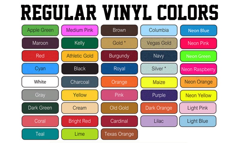 Może przedstawiać: Obraz przedstawiający paletę kolor&oacute;w zatytułowaną "REGULAR VINYL COLORS". Paleta zawiera r&oacute;żnorodne kolory, w tym Apple Green, Medium Pink, Brown, Columbia i Neon Blue, każdy w oznaczonym prostokącie.