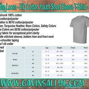 May include: A gray short-sleeved t-shirt with a size chart showing measurements for youth sizes. The chart includes size, age, height, chest, waist, and hip measurements. The t-shirt is made of 100% cotton and is available in a variety of colors.