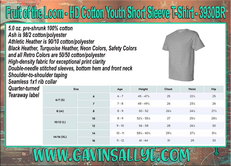 May include: A gray short-sleeved t-shirt with a size chart showing measurements for youth sizes. The chart includes size, age, height, chest, waist, and hip measurements. The t-shirt is made of 100% cotton and is available in a variety of colors.
