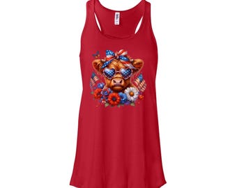 Patriotic Highland Cows Tank, 4th Of July Tank, American Cow Bella Canvas Tank, Baby Cow Tank