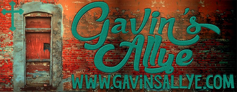 Peut inclure: Un graphique rectangulaire montrant un mur de briques rouges us&eacute;es et une porte en bois rustique. Le texte sarcelle indique Gavin's Allye et l'URL WWW.GAVINSALLYE.COM. Une ic&ocirc;ne de croix sarcelle est situ&eacute;e dans le coin sup&eacute;rieur gauche.
