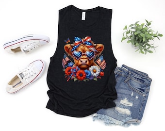 Patriotic Highland Cows Tank, 4th Of July Muscle Tank, DTF, American Cow Tank, Baby Cow Tank