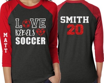 Glitter voetbalshirt | Momshirt voetbal | Love-voetbalshirt | Raglan met 3/4-mouwen op maat | Voetbalshirt