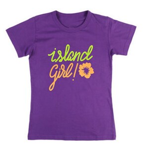 May include: Purple short-sleeved t-shirt with the text "island girl!" in green and orange lettering with a small orange flower graphic.