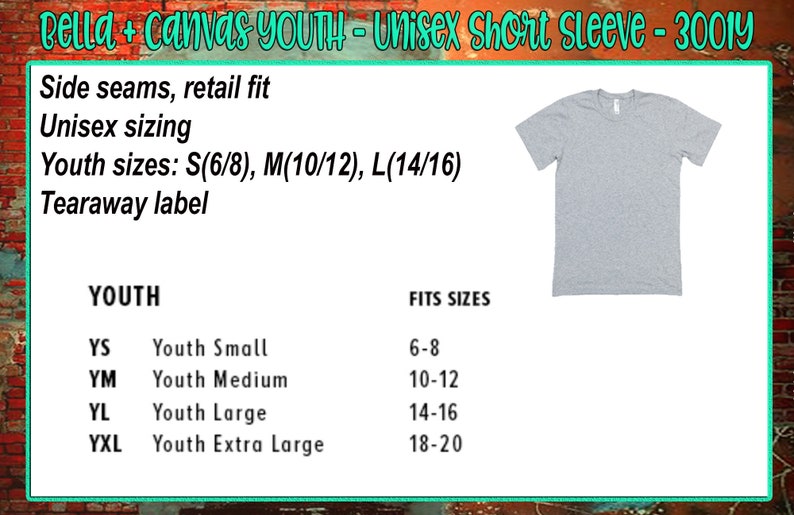 May include: A gray Bella + Canvas youth short sleeve t-shirt with side seams and a tearaway label. The t-shirt is unisex sizing and comes in sizes S (6/8), M (10/12), and L (14/16).