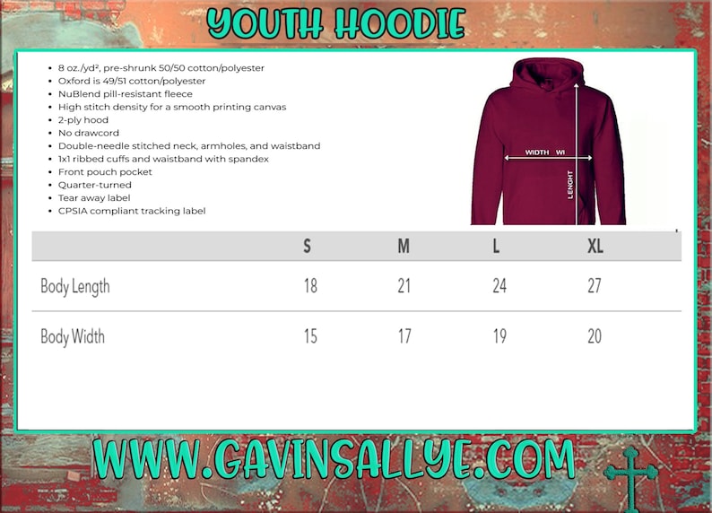 Puede incluir: Tabla de tallas para sudadera juvenil con medidas en pulgadas para la longitud y el ancho del cuerpo. Las tallas incluyen S, M, L y XL. La tabla est&aacute; sobre un fondo blanco con una imagen de una sudadera granate.