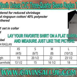 May include: A size chart for a youth unisex three-quarter sleeve raglan t-shirt. The shirt is made of 60% combed ringspun cotton and 40% polyester. The chart shows the measurements for the shirt in inches, including the head-to-shoulder (HPS) length and the bust measurement 1 inch below the armhole. The sizes listed are XS (4/5), S (6/7), M (8), L (10/12), and XL (14/16).