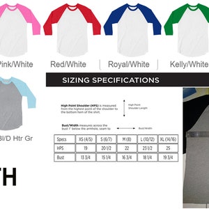 May include: A chart showing youth sizing specifications for baseball t-shirts in various colors. The chart includes measurements for high point shoulder, hips, and bust in inches. The chart also shows a close-up of a gray baseball t-shirt with a black sleeve being measured with a tape measure.