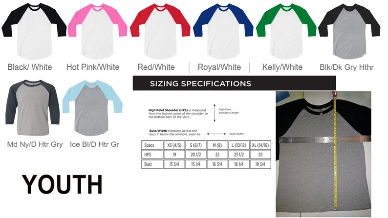 May include: A chart showing youth sizing specifications for baseball t-shirts in various colors. The chart includes measurements for high point shoulder, hips, and bust in inches. The chart also shows a close-up of a gray baseball t-shirt with a black sleeve being measured with a tape measure.