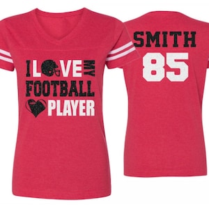 Glitter Football Mom Shirt | I Love My Football Player Shirt |  Football Mom Shirts  | V Neck Short Sleeve Shirt | Customize Football Shirt