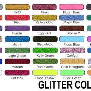 Puede incluir: Una tabla de colores de purpurina con 25 colores diferentes, incluyendo plata, oro, rosa, negro, naranja, rojo, oro amarillo, azul real, verde, azul marino, morado, berenjena, bronce, jade, multi claro, aqua, negro/oro, azul fluorescente, morado fluorescente, lavanda, verde claro, verde kelly, confeti, columbia, azul real brillante, marr&oacute;n, verde oscuro, holograma dorado, holograma plateado, blanco, rosa caliente, amarillo fluorescente, verde fluorescente y naranja fluorescente. La tabla est&aacute; etiquetada como "COLORES DE PURPURINA".
