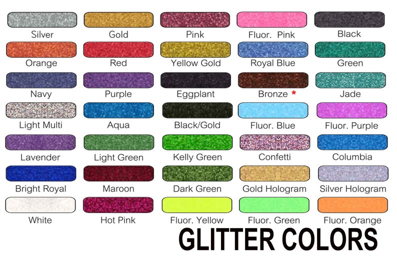 Puede incluir: Una tabla de colores de purpurina con 25 colores diferentes, incluyendo plata, oro, rosa, negro, naranja, rojo, oro amarillo, azul real, verde, azul marino, morado, berenjena, bronce, jade, multi claro, aqua, negro/oro, azul fluorescente, morado fluorescente, lavanda, verde claro, verde kelly, confeti, columbia, azul real brillante, marr&oacute;n, verde oscuro, holograma dorado, holograma plateado, blanco, rosa caliente, amarillo fluorescente, verde fluorescente y naranja fluorescente. La tabla est&aacute; etiquetada como "COLORES DE PURPURINA".
