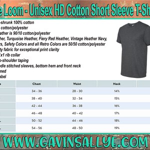 May include: Unisex short-sleeve t-shirt in a dark heather grey color. The t-shirt is made of 100% cotton and is pre-shrunk. The size chart shows measurements in inches for chest, waist, neck, and sleeve.