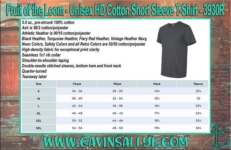 May include: Unisex short-sleeve t-shirt in a dark heather grey color. The t-shirt is made of 100% cotton and is pre-shrunk. The size chart shows measurements in inches for chest, waist, neck, and sleeve.