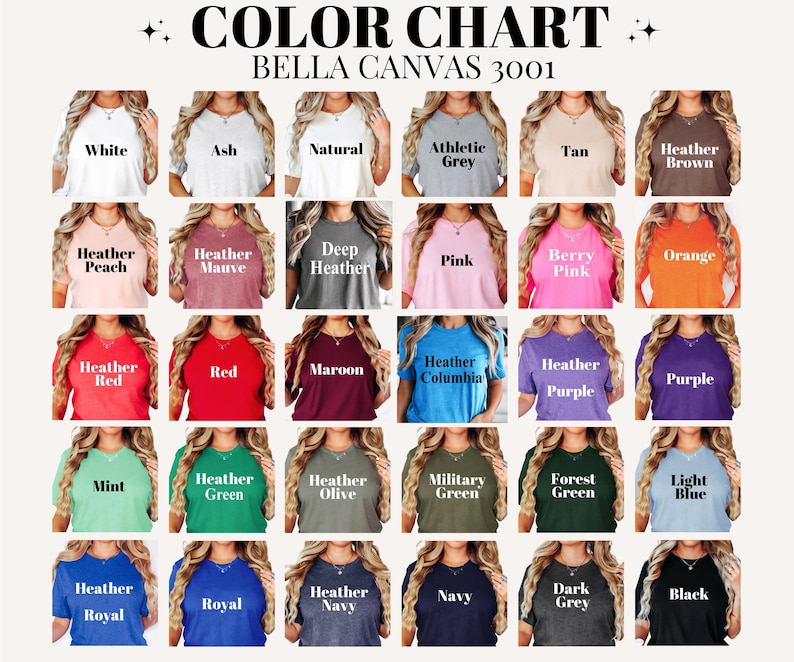 Op de afbeelding: Een kleurenkaart voor Bella Canvas 3001 t-shirts met een raster van dertig verschillende t-shirtkleuren. Elk vierkant toont een t-shirt met de bijbehorende kleurnaam in witte tekst, waaronder wit, as, naturel, grijs, beige, bruin, perzik, mauve, roze, oranje, rood, bordeaux, blauw, paars, munt, groen, olijf en zwart.
