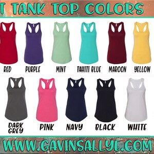 May include: A chart showing 12 different colors of tank tops. The colors are: Heather Grey, Red, Purple, Mint, Tahiti Blue, Maroon, Yellow, Island Blue, Kelly Green, Dark Grey, Pink, Navy, Black, White, and Royal.