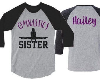 Camiseta de Gimnasia con Brillantina para Hermanas / Camiseta de Gimnasia / Manga 3/4 Raglán / Personalízala con tu Nombre y Colores