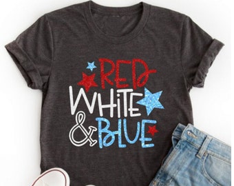 Glitter Red, White, & Blue Shirt | 4th of July womens shirt| Glitter 4th of July shirt | Bella Canvas 4th of July tee