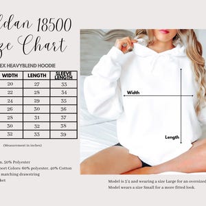 Peut inclure: Un tableau des tailles pour sweat &agrave; capuche unisexe Gildan 18500, pr&eacute;sentant les dimensions en pouces pour les tailles S &agrave; 4XL, incluant la largeur, la longueur et la longueur des manches. Le document pr&eacute;cise la composition du tissu.
