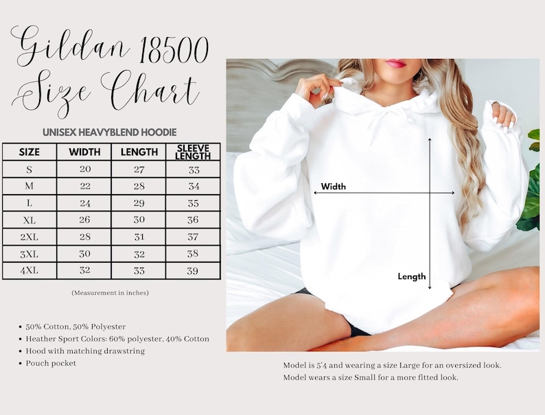 Peut inclure: Un tableau des tailles pour sweat &agrave; capuche unisexe Gildan 18500, pr&eacute;sentant les dimensions en pouces pour les tailles S &agrave; 4XL, incluant la largeur, la longueur et la longueur des manches. Le document pr&eacute;cise la composition du tissu.