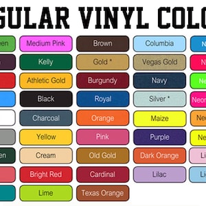 May include: Image displaying a color chart of regular vinyl colors. The chart includes a variety of colors such as Apple Green, Medium Pink, Red, Black, and Neon Pink. The text "REGULAR VINYL COLORS" is at the top.