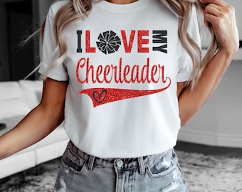 Camiseta de animadora personalizada con purpurina / Camiseta "Amo a mi animadora" / Camiseta de animadora para mamá / Bella Canvas / Camiseta de animadora personalizada