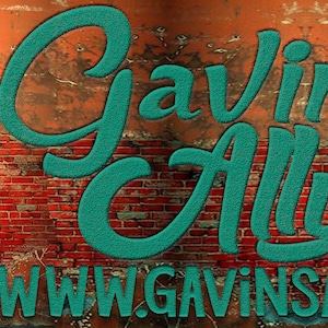 May include: A teal blue sign with the text "Gavin's Ally" and the website address "www.gavinsallye.com". The sign is on a brick wall with a weathered wooden door.
