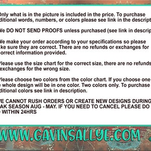 May include: Text on a brown background with white text outlining the terms and conditions for purchasing a product. The text includes information about pricing, proofs, size charts, color choices, rush orders, and peak season. The website address www.gavinsallye.com is displayed at the bottom of the image.