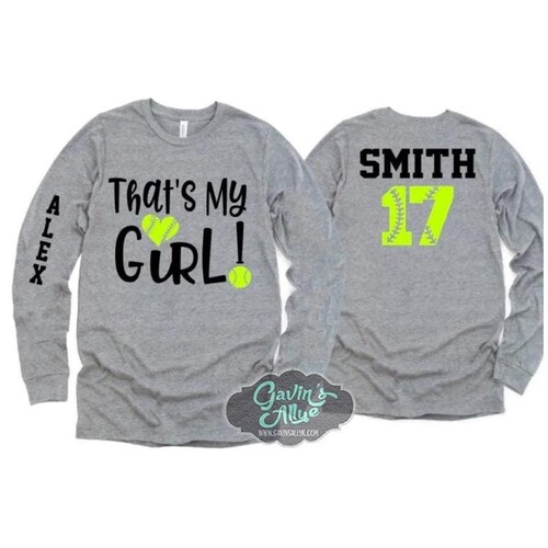 Camiseta de softbol con brillantina / Camisetas de softbol / Esa es mi chica / Camiseta de manga larga / Colores personalizables / Tallas para adultos o jóvenes