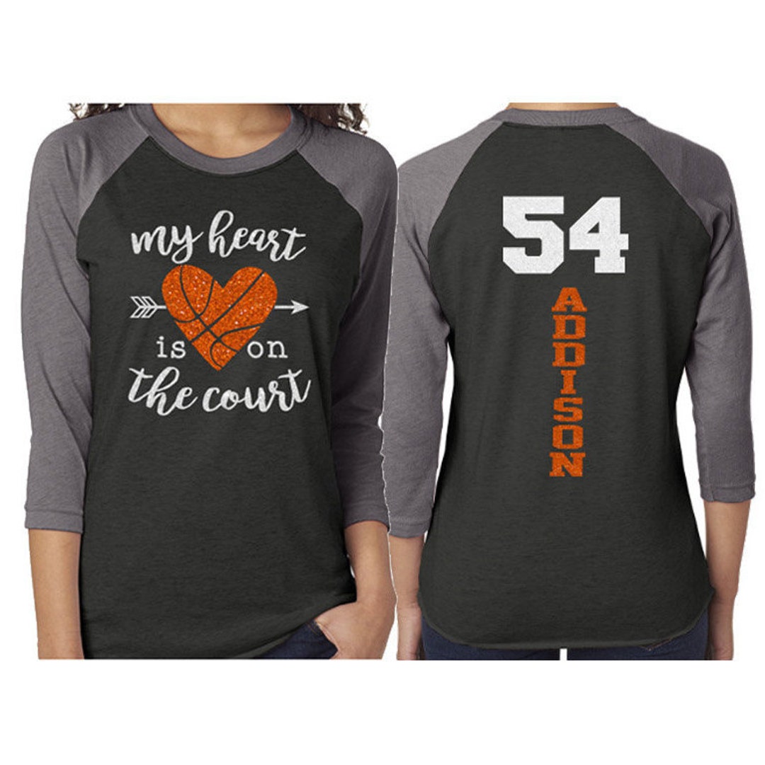 Glitter Basketball Heart Shirt | Basketball Tshirts | Basketball Mom Shirts  | Basketball Bling | 3/4 Sleeve Raglan | Customize Colors