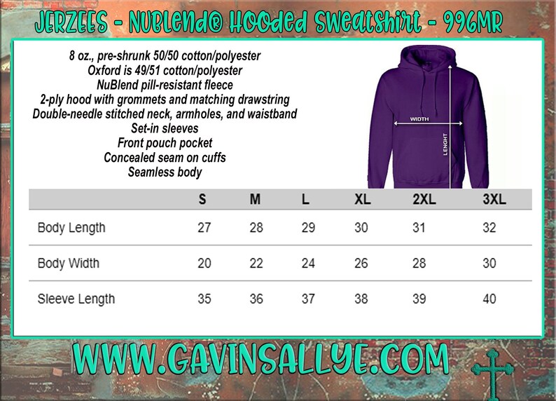 May include: Purple hooded sweatshirt with a front pouch pocket. The image includes a size chart with body length, width, and sleeve length measurements in inches. The text on the image reads "JERZEES - NUBLEndo Hooded Sweatshirt - 996MR."