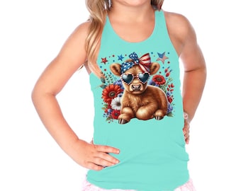 Patriotic Highland Cows Tank, 4th Of July Tank, DTF American Cow Bella Canvas Tank, Baby Cow Tank