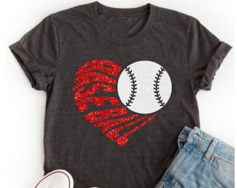 Camiseta de béisbol con purpurina / Camisetas de béisbol / Camiseta de béisbol con corazón / Camiseta de béisbol con purpurina / Camiseta para jóvenes o adultos