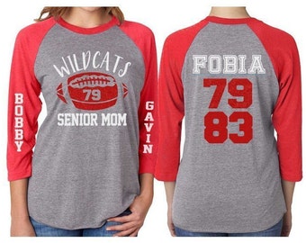 Football Mom Shirt | Glitter Senior Mom Shirt | 3/4 Sleeve Raglan | Two Names Two Numbers | Customize Team & Colors
