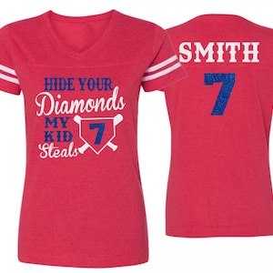 Glitter Baseball Mom Shirt | Hide Your Diamonds My Kid Steals | V-neck Short Sleeve Shirt