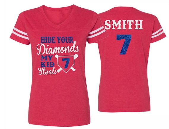 Glitter Baseball Mom Shirt | Hide Your Diamonds My Kid Steals | V-neck Short Sleeve Shirt