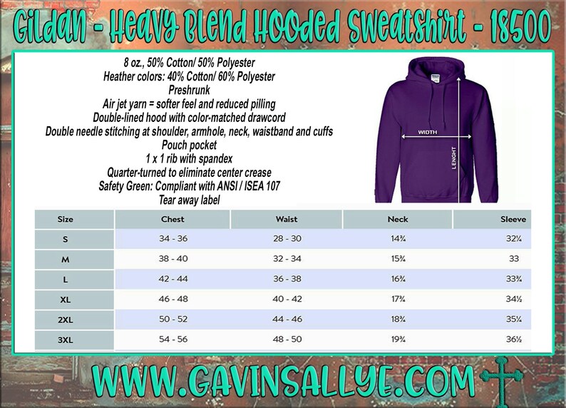 Op de afbeelding: Een maattabel voor een Gildan heavy blend hooded sweatshirt. De tabel toont de borst-, taille-, nek- en mouwlengte voor maten S tot en met 3XL. Het sweatshirt is 8 ounce, 50% katoen en 50% polyester. De tabel staat op een witte achtergrond met een paars hooded sweatshirt in de rechterbovenhoek.