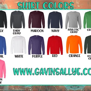 Op de afbeelding: Een grafiek met 14 verschillende kleuren voor shirts met lange mouwen. De kleuren zijn: zwart, donkergrijs, bordeauxrood, marineblauw, sportgrijs, groen, koninklijkblauw, wit, paars, rood, oranje, bosgroen en neonroze. De tekst "SHIRT COLORS" staat bovenaan de grafiek. De tekst "WWW.GAVINSALLYE.COM" staat onderaan de grafiek.