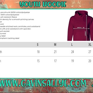 May include: Size chart for a youth hoodie in sizes S, M, L, and XL. The chart shows the body length and body width in inches. The hoodie is made of 50/50 cotton/polyester and features a 2-ply hood, a front pouch pocket, and ribbed cuffs and waistband.