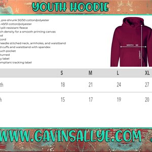 May include: Youth hoodie size chart with measurements in inches for body length and width. Sizes include S, M, L, and XL. The chart is on a white background with a maroon hoodie image.