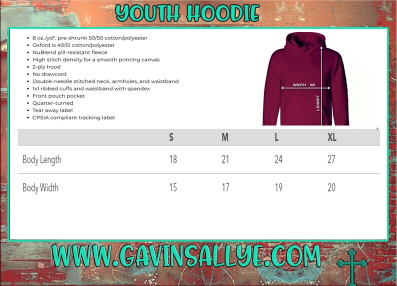 May include: Youth hoodie size chart with measurements in inches for body length and width. Sizes include S, M, L, and XL. The chart is on a white background with a maroon hoodie image.