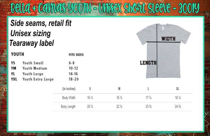 K&ouml;nnte beinhalten: Gr&ouml;&szlig;entabelle f&uuml;r Bella + Canvas Youth Unisex Short Sleeve 3001Y T-Shirts. Die Tabelle zeigt Jugendgr&ouml;&szlig;en YS, YM, YL und YXL, die den Altersgruppen 6-8, 10-12, 14-16 und 18-20 entsprechen. Sie listet auch die K&ouml;rperbreite und -l&auml;nge in Zoll f&uuml;r die Gr&ouml;&szlig;en S, M, L und XL auf.