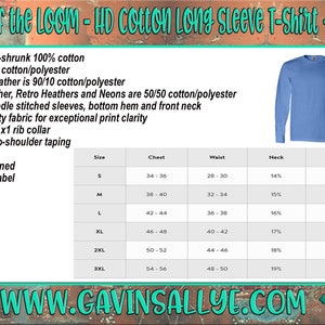 May include: A light blue long-sleeve t-shirt with a size chart showing chest, waist, neck, and sleeve measurements in inches. The shirt is made of 100% cotton and is available in sizes S-3XL.