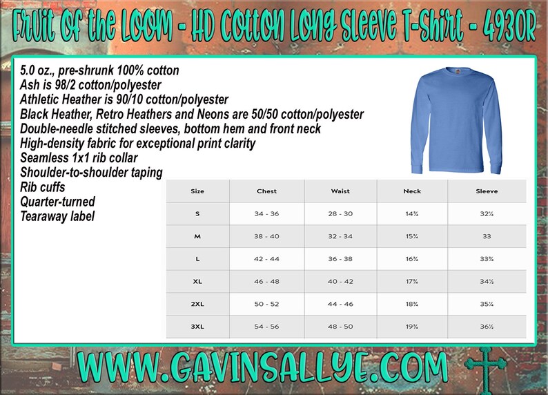 May include: A light blue long-sleeve t-shirt with a size chart showing chest, waist, neck, and sleeve measurements in inches. The shirt is made of 100% cotton and is available in sizes S-3XL.