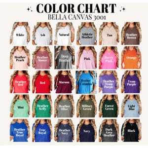 K&ouml;nnte beinhalten: Farbkarte f&uuml;r Bella Canvas 3001 T-Shirts, die eine Vielzahl von Farben zeigt, darunter Wei&szlig;, Asche, Natur, Sport-Heather, Braun, Heather Braun, Heather Pfirsich, Heather Mauve, Deep Heather, Pink, Berry Pink, Orange, Heather Rot, Rot, Maroon, Heather Columbia, Heather Team Purple, Team Purple, Mint, Heather Kelly, Heather Olive, Military Green, Forest Green, Hellblau, Heather True Royal, True Royal, Heather Navy, Navy, Dark Grey Heather und Schwarz.