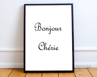 Typography french poster, BONJOUR CHERIE, Instant download print, black and white,minimalist art,Printable Art