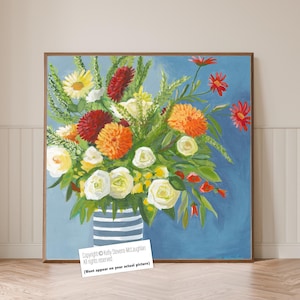 Colorful floral painting, Modern abstract flower art print, Large Canvas Flower Bouquet wall art from original painting, Blue White Orange